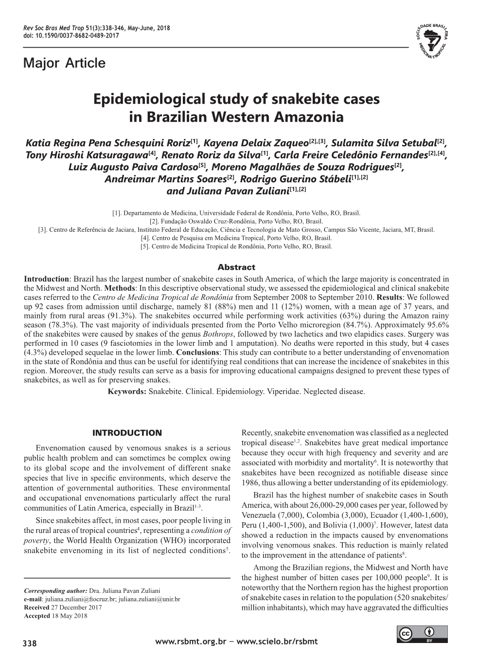 Major Article Epidemiological Study of Snakebite Cases in Brazilian Western Amazonia