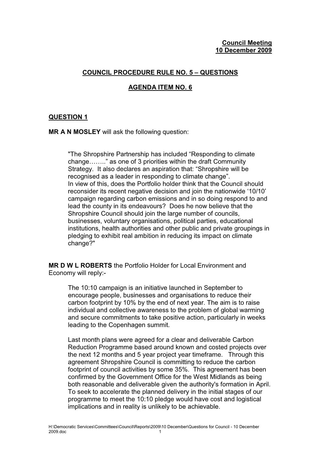 Council Meeting 10 December 2009 COUNCIL PROCEDURE RULE NO. 5