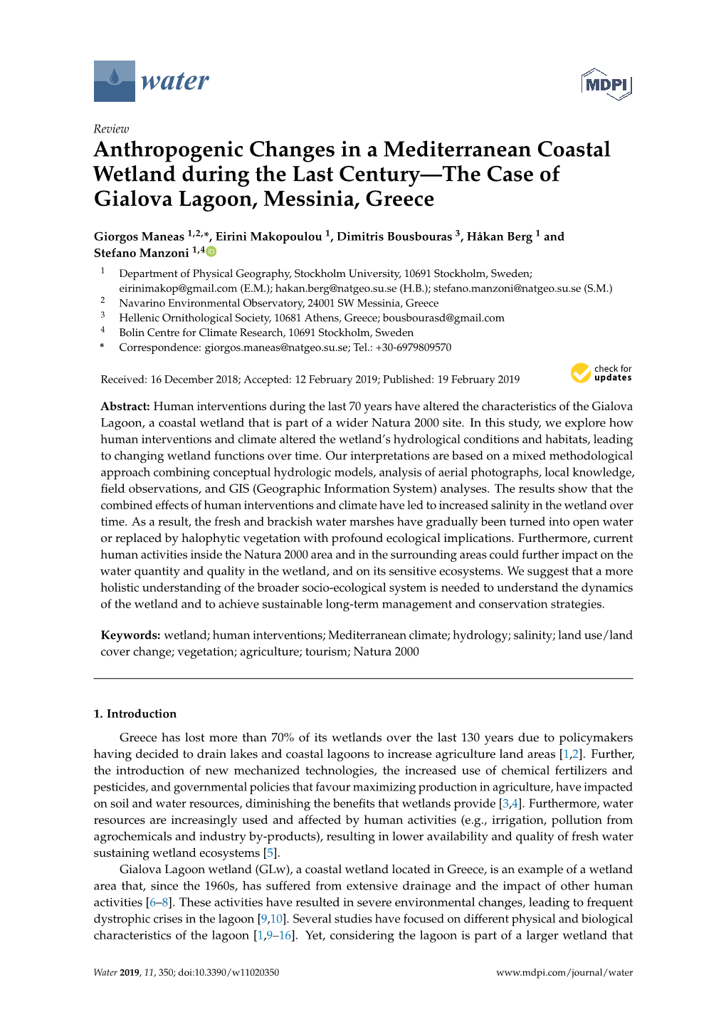 Anthropogenic Changes in a Mediterranean Coastal Wetland During the Last Century—The Case of Gialova Lagoon, Messinia, Greece