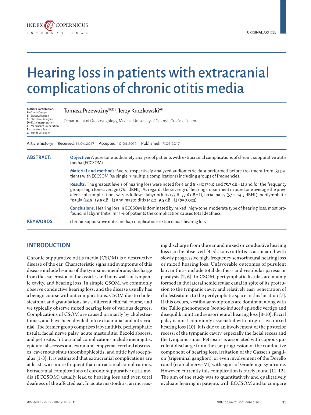 Hearing Loss in Patients with Extracranial Complications of Chronic Otitis Media