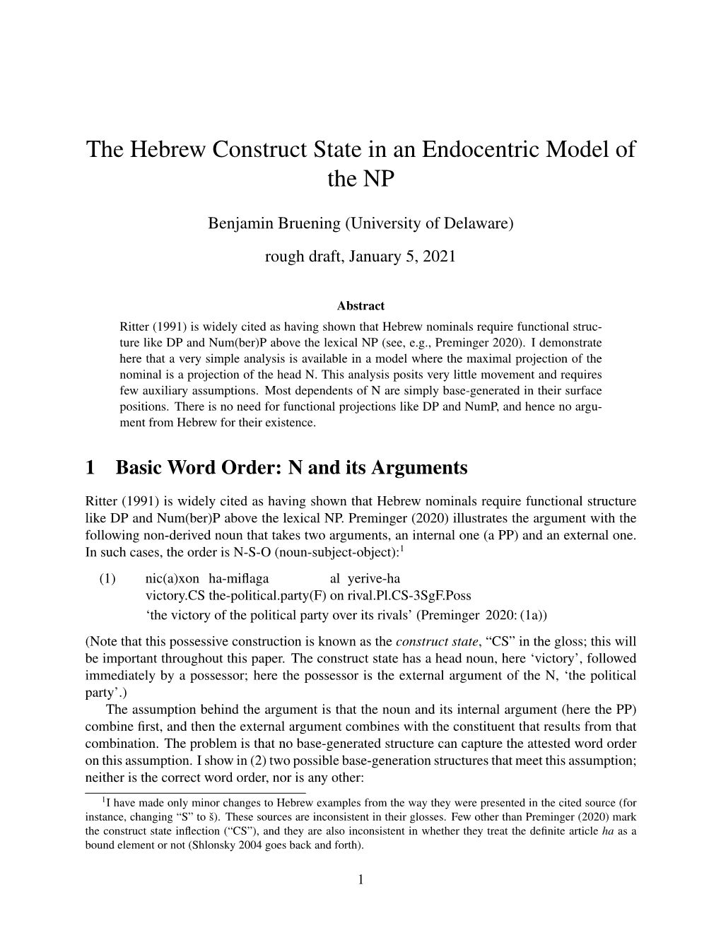 The Hebrew Construct State in an Endocentric Model of the NP