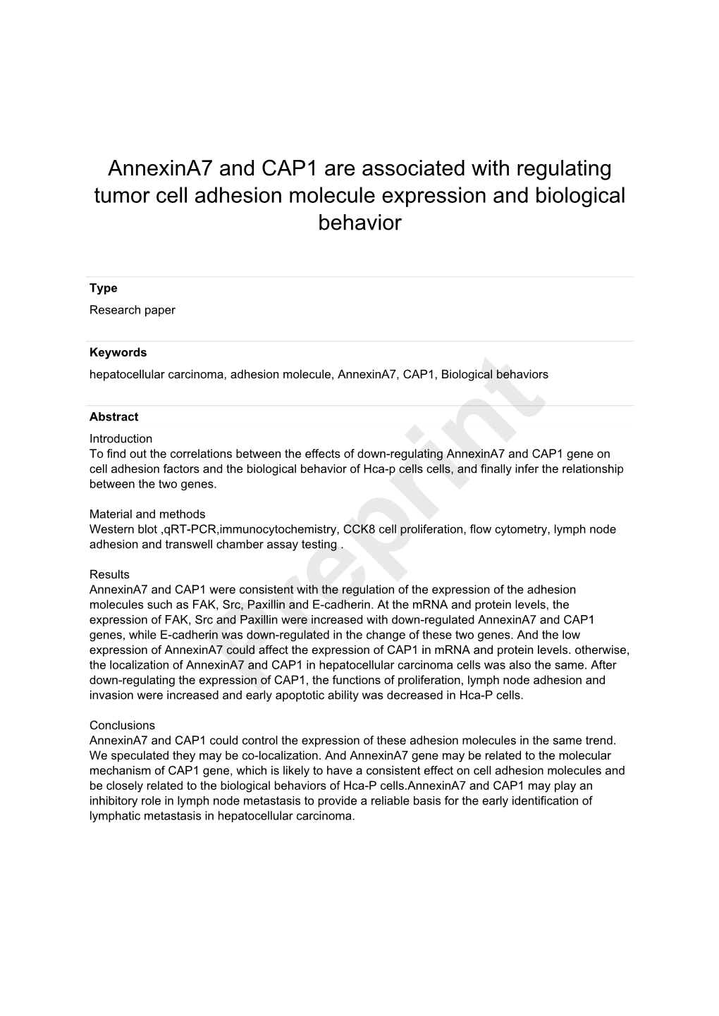 Annexina7 and CAP1 Are Associated with Regulating Tumor Cell Adhesion Molecule Expression and Biological Behavior