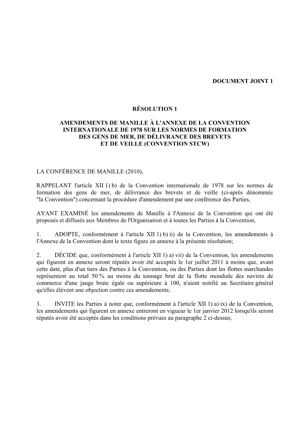 Document Joint 1 Résolution 1 Amendements De Manille À L'annexe De La Convention Internationale De 1978 Sur Les Normes De