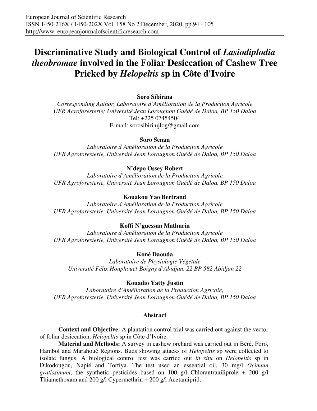 Discriminative Study and Biological Control of Lasiodiplodia Theobromae Involved in the Foliar Desiccation of Cashew Tree Pricked by Helopeltis Sp in Côte D'ivoire