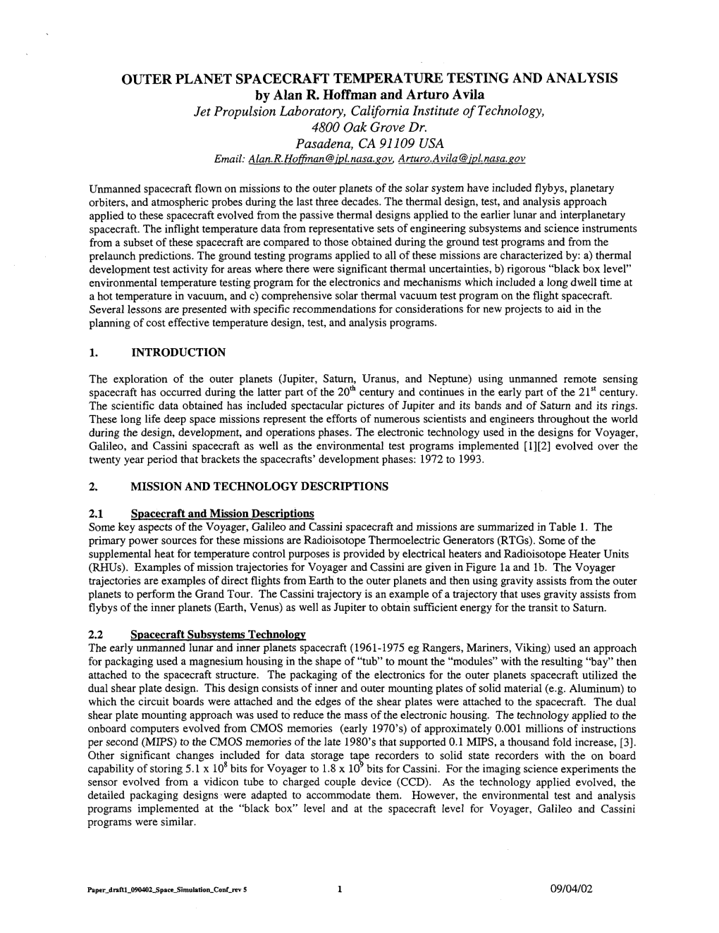 OUTER PLANET SPACECRAFT TEMPERATURE TESTING and ANALYSIS by Alan R