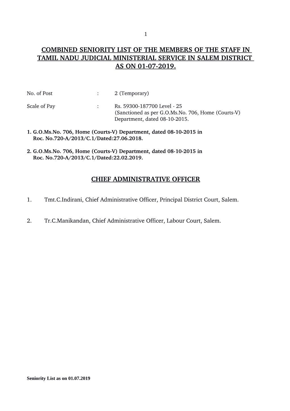 Combined Seniority List of the Members of the Staff in Tamil Nadu Judicial Ministerial Service in Salem District As on 01­07­2019