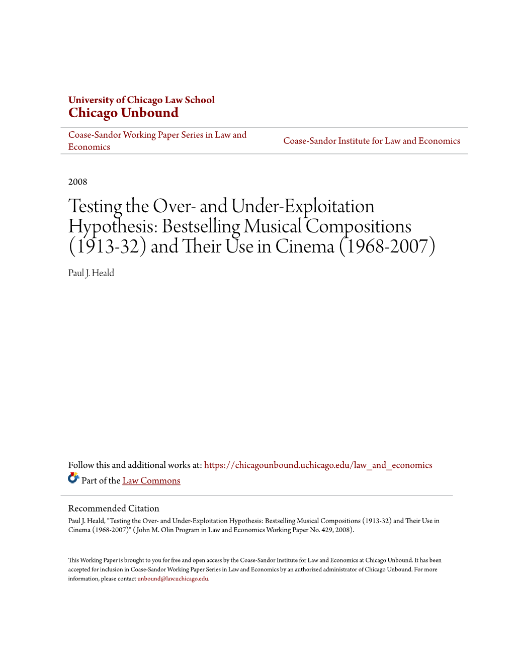 Bestselling Musical Compositions (1913-32) and Their Seu in Cinema (1968-2007) Paul J