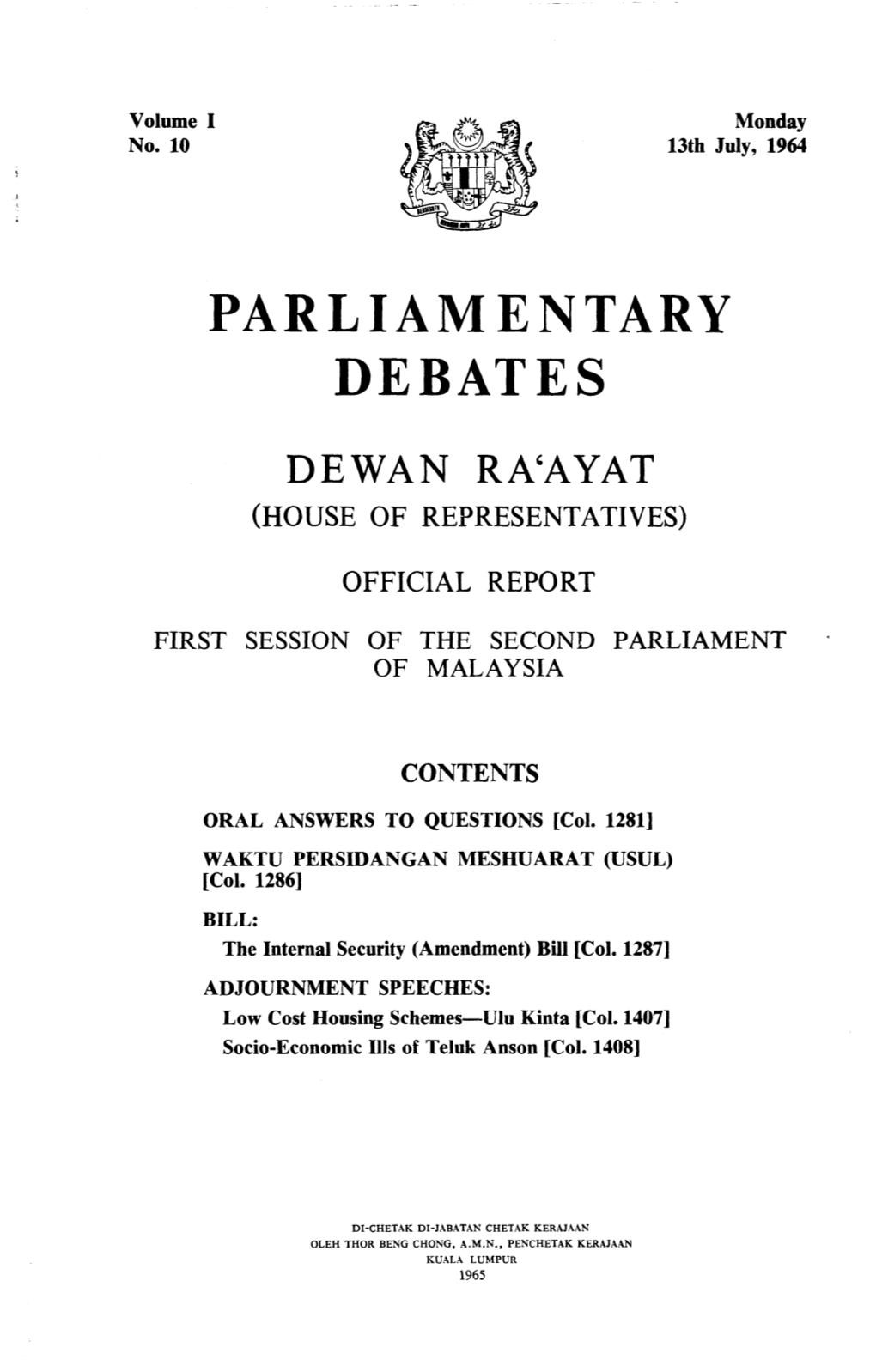 Parliamentary Debates Dewan Ra'ayat (House of Representatives)