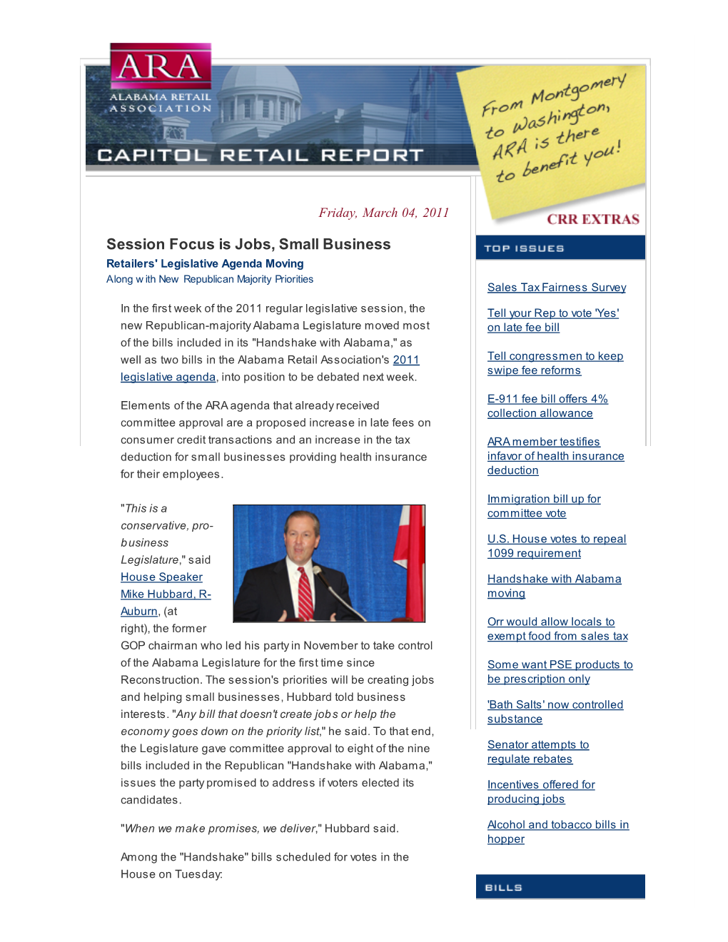 Session Focus Is Jobs, Small Business Retailers' Legislative Agenda Moving Along W Ith New Republican Majority Priorities Sales Tax Fairness Survey