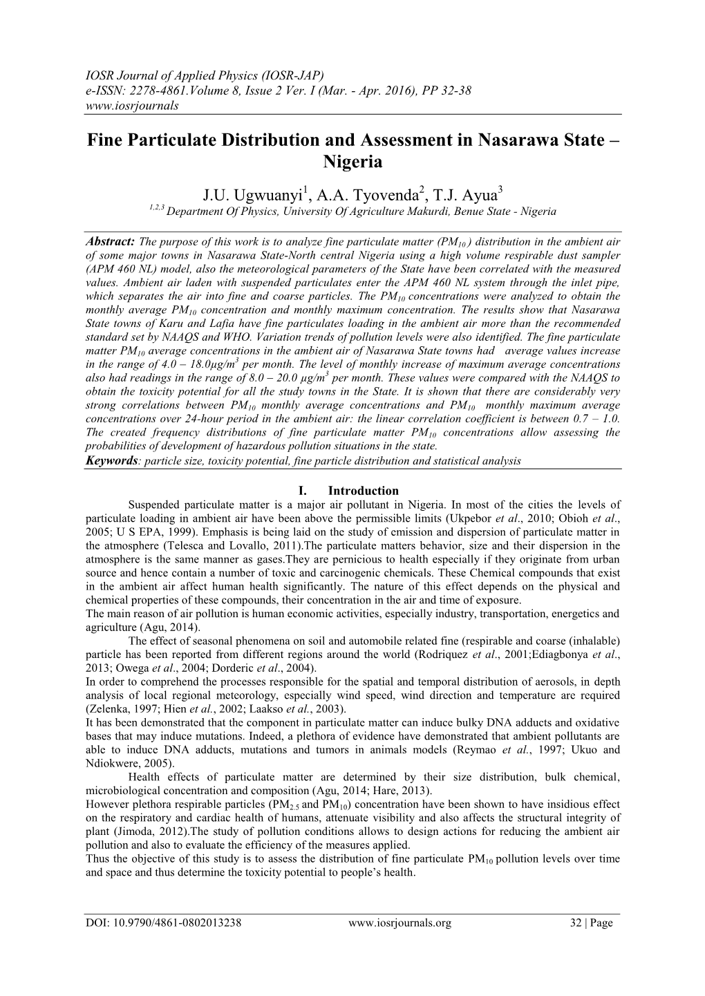 Fine Particulate Distribution and Assessment in Nasarawa State – Nigeria