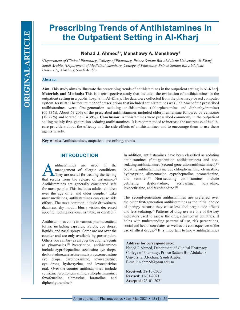 Prescribing Trends of Antihistamines in the Outpatient Setting in Al-Kharj