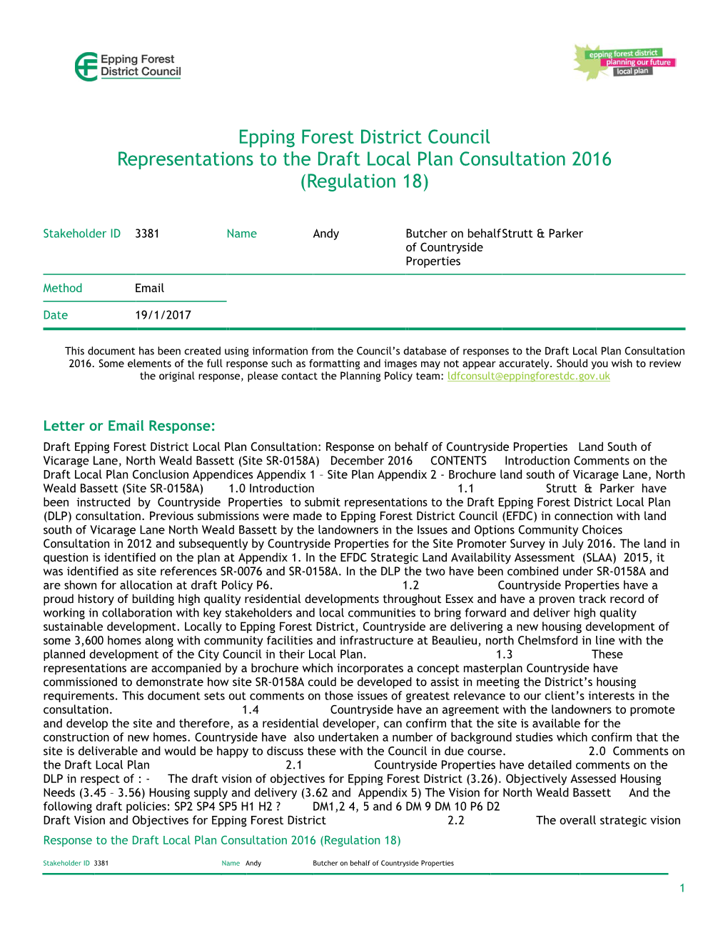 Epping Forest District Council Representations to the Draft Local Plan Consultation 2016 (Regulation 18)