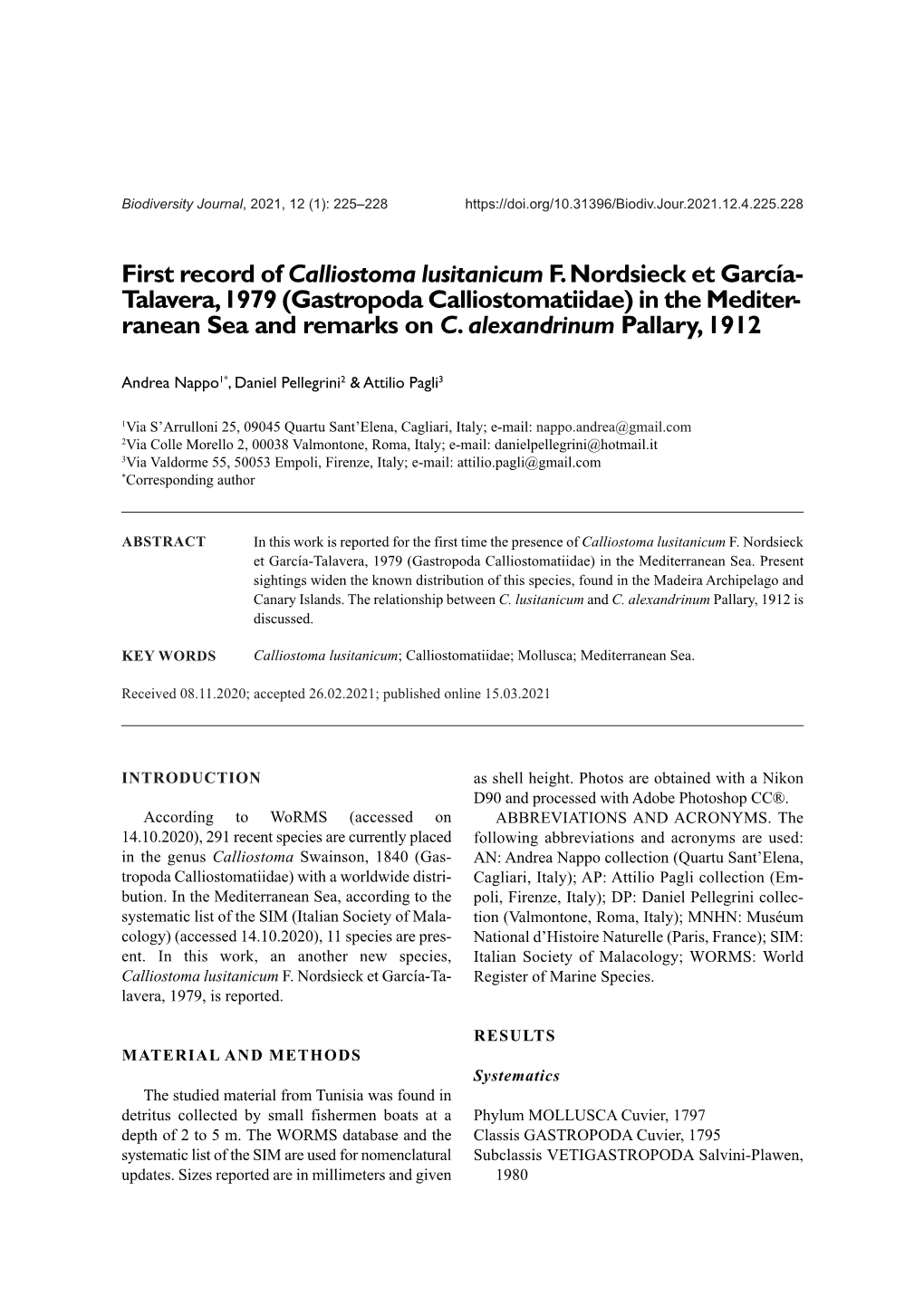 Biodiversity Journal, 2021, 12 (1): 225–228