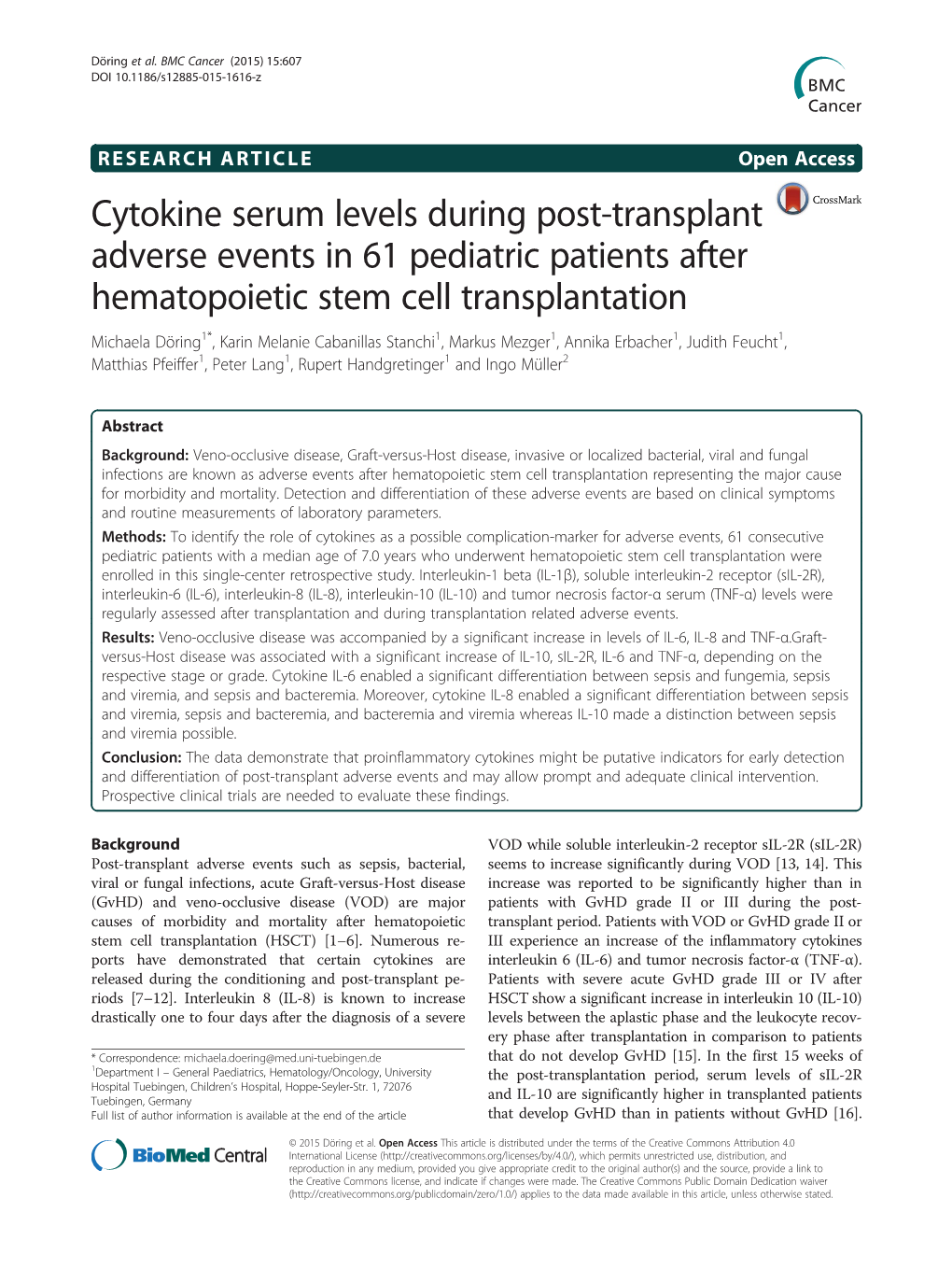 Cytokine Serum Levels During Post-Transplant Adverse Events in 61 Pediatric Patients After Hematopoietic Stem Cell Transplantati