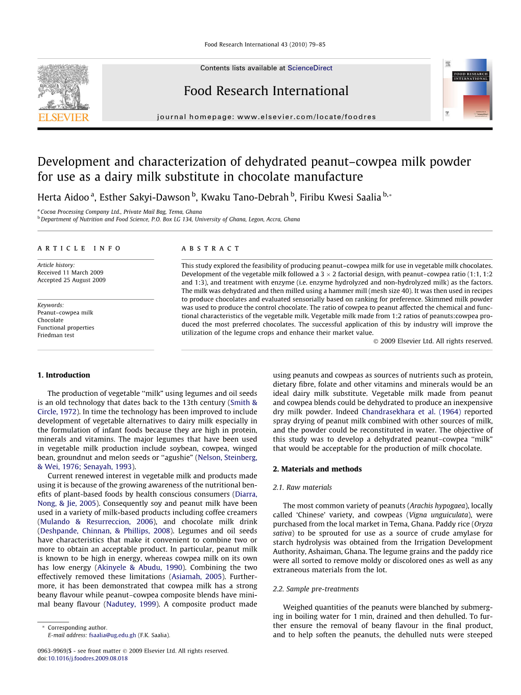 Development and Characterization of Dehydrated Peanut–Cowpea Milk Powder for Use As a Dairy Milk Substitute in Chocolate Manufacture