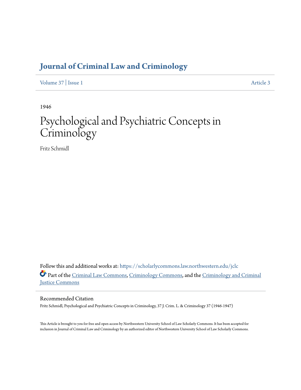 Psychological and Psychiatric Concepts in Criminology Fritz Schmidl