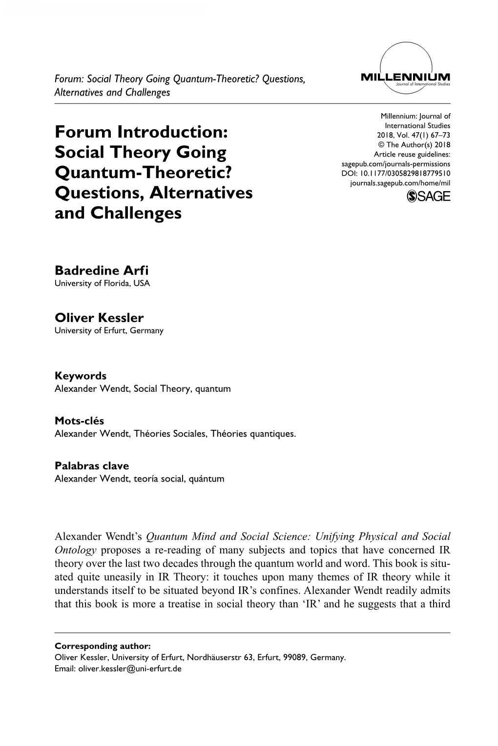 Forum Introduction: Social Theory Going Quantum-Theoretic?