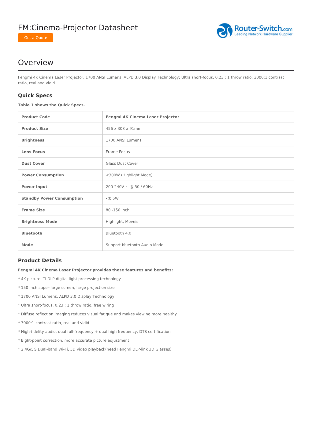 FM:Cinema-Projector Datasheet Overview