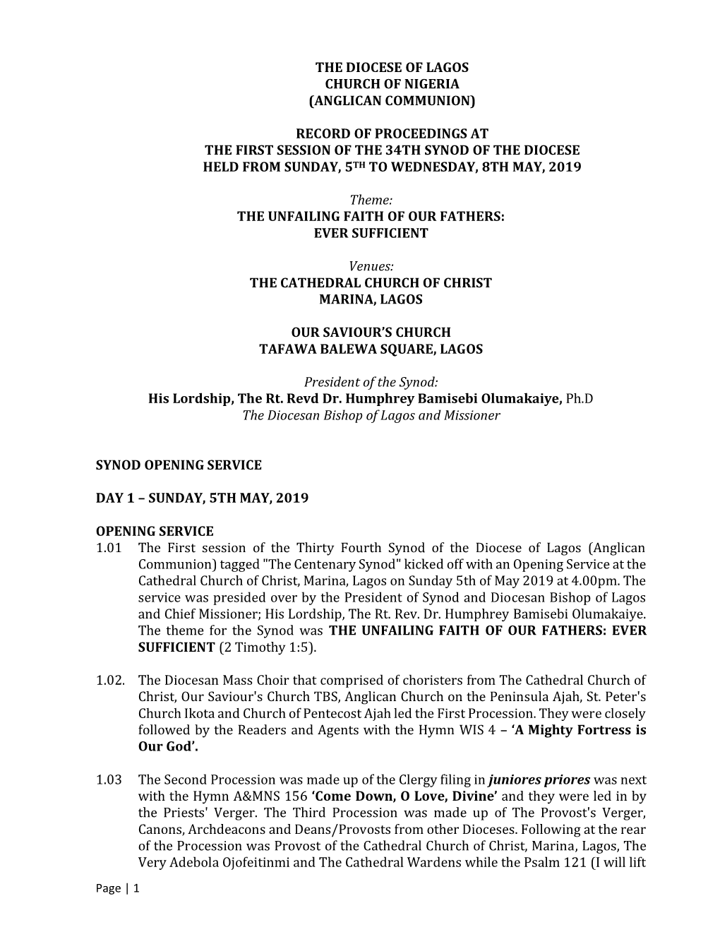 The Diocese of Lagos Church of Nigeria (Anglican Communion) Record of Proceedings at the First Session of the 34Th Synod Of