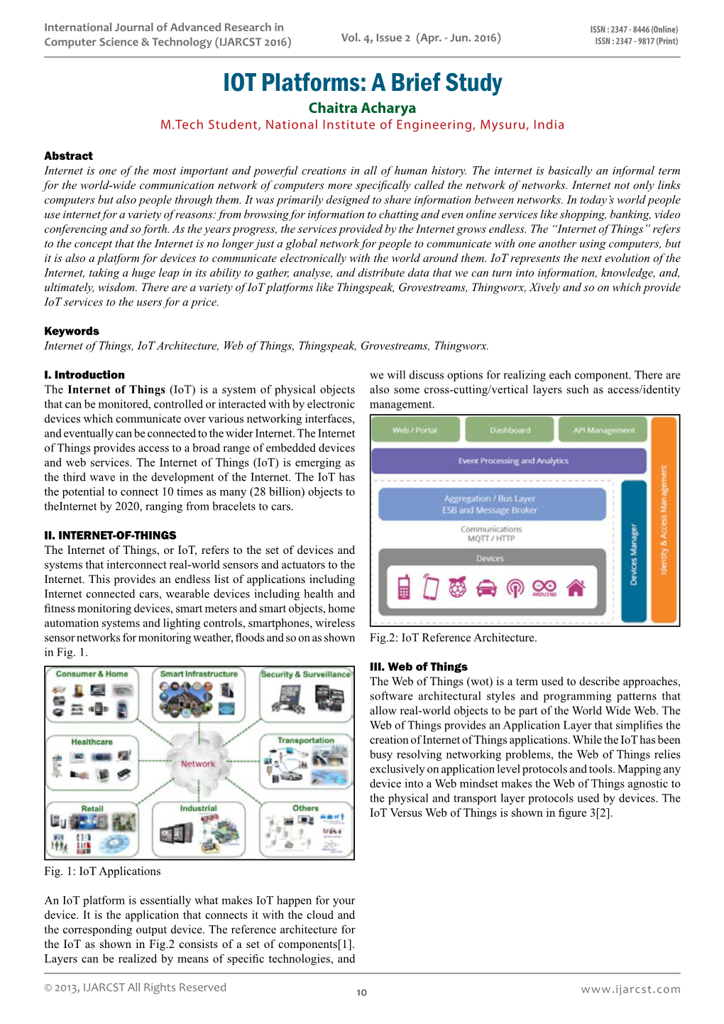 IOT Platforms: a Brief Study Chaitra Acharya M.Tech Student, National Institute of Engineering, Mysuru, India