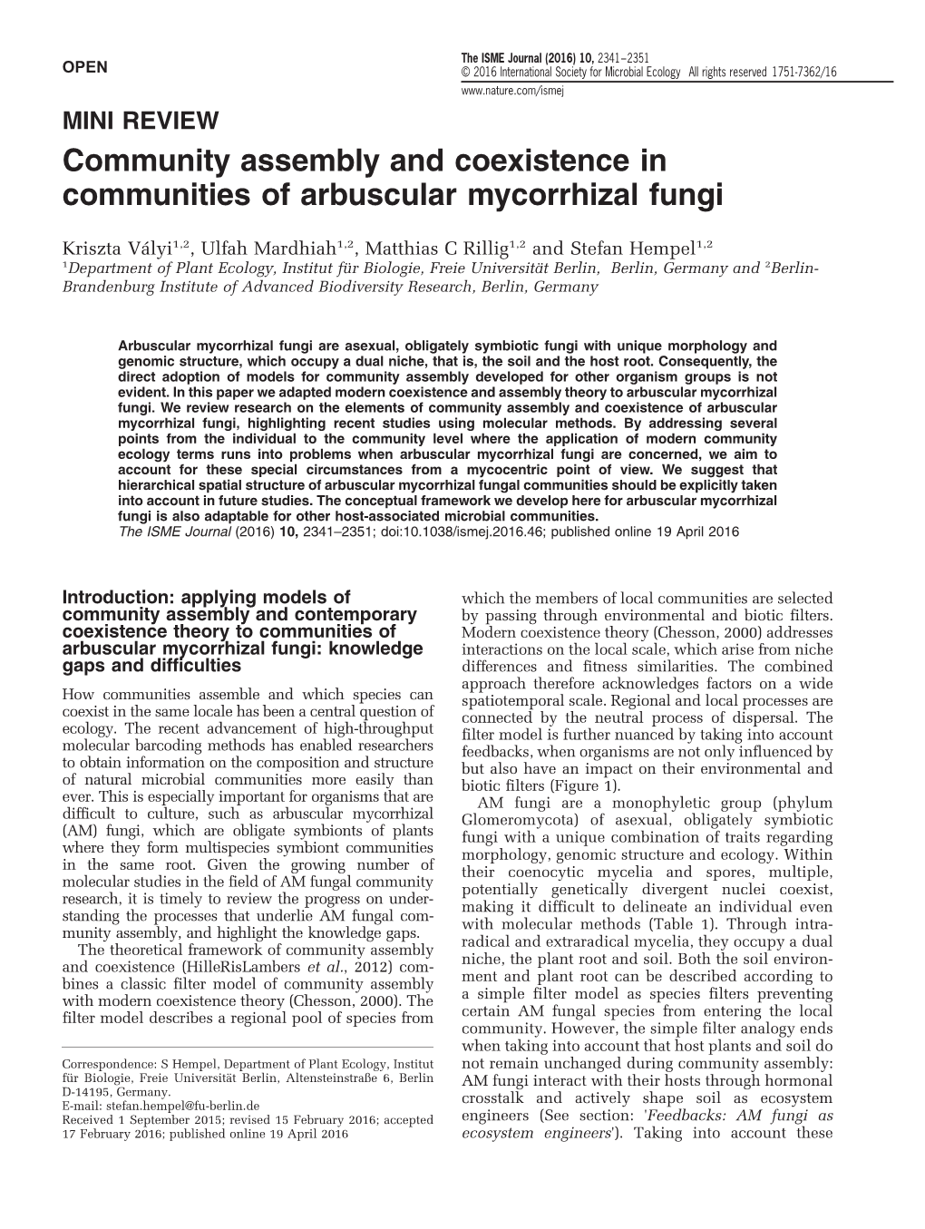 Community Assembly and Coexistence in Communities of Arbuscular Mycorrhizal Fungi