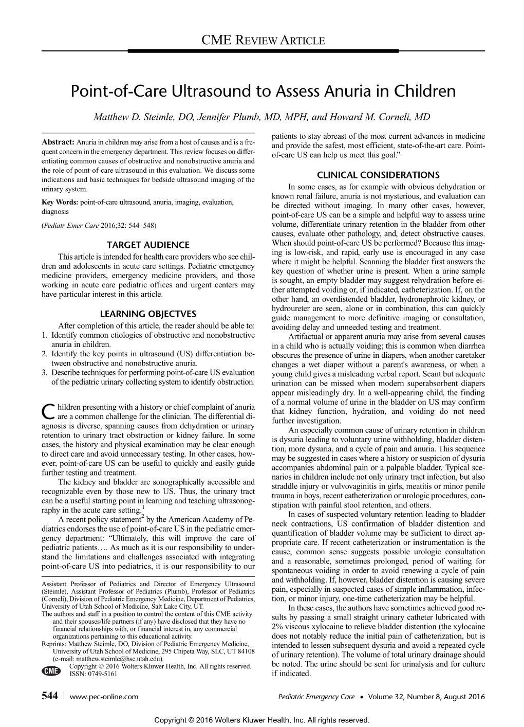 Point-Of-Care Ultrasound to Assess Anuria in Children