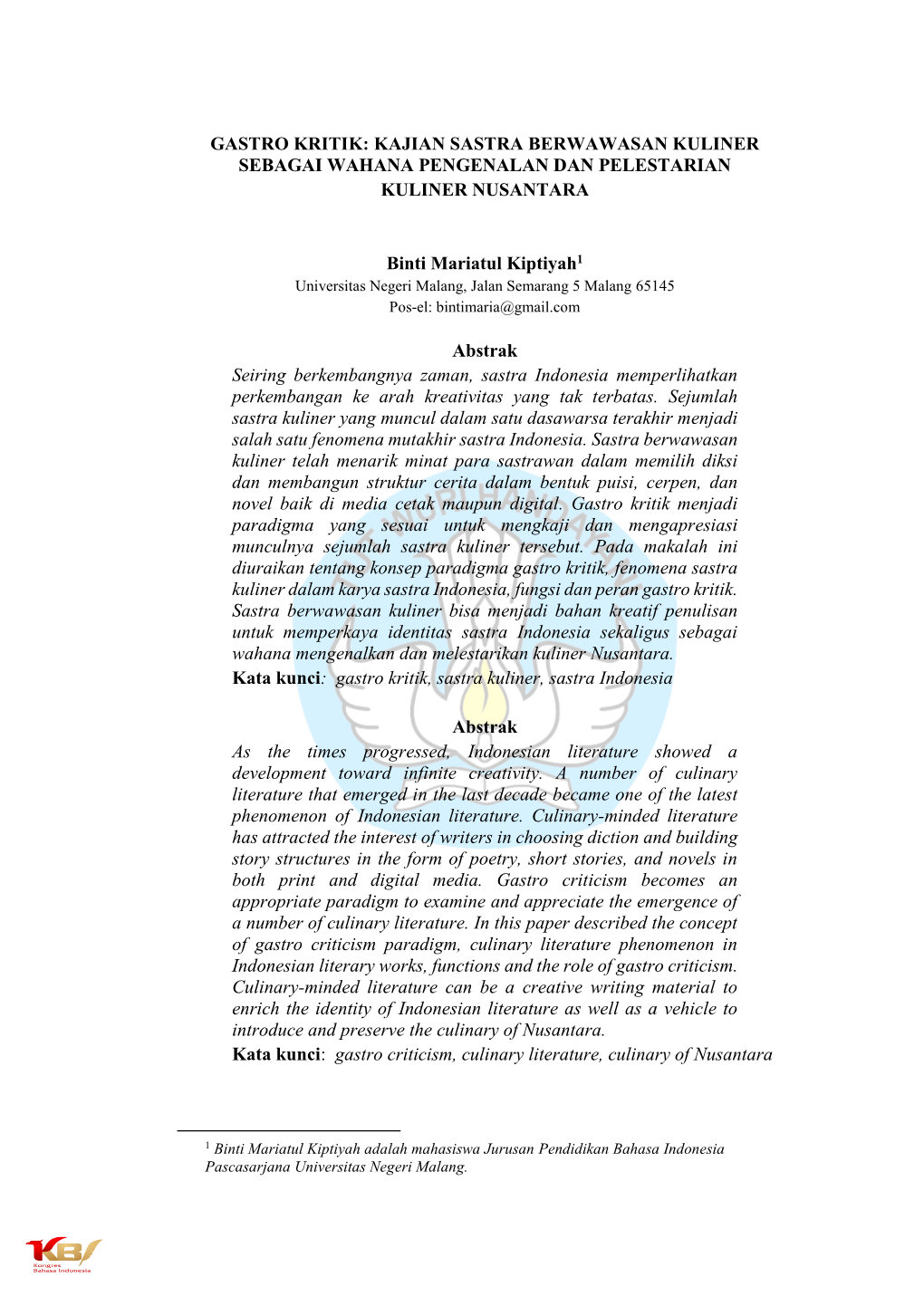 Gastro Kritik: Kajian Sastra Berwawasan Kuliner Sebagai Wahana Pengenalan Dan Pelestarian Kuliner Nusantara