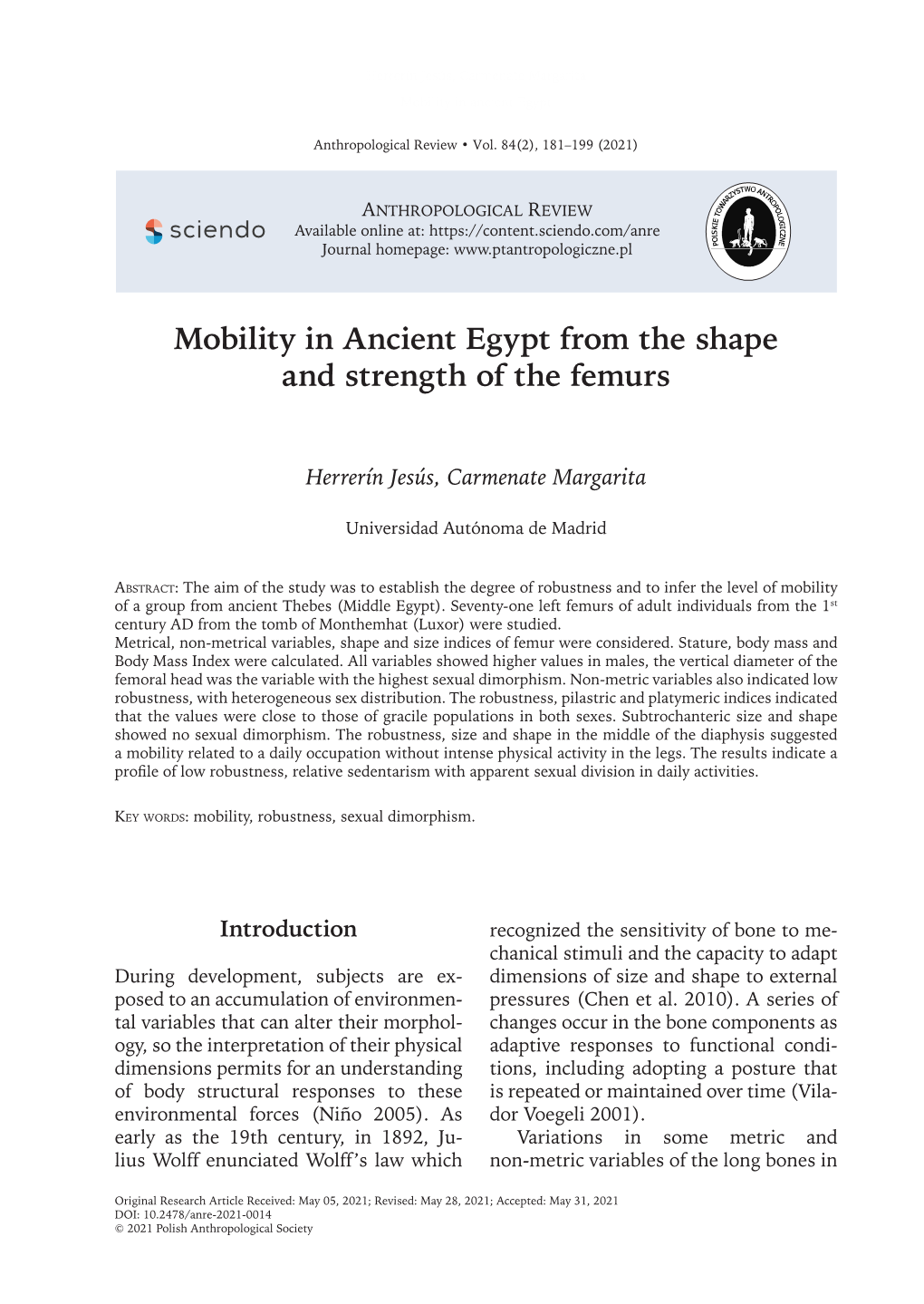 Mobility in Ancient Egypt from the Shape and Strength of the Femurs