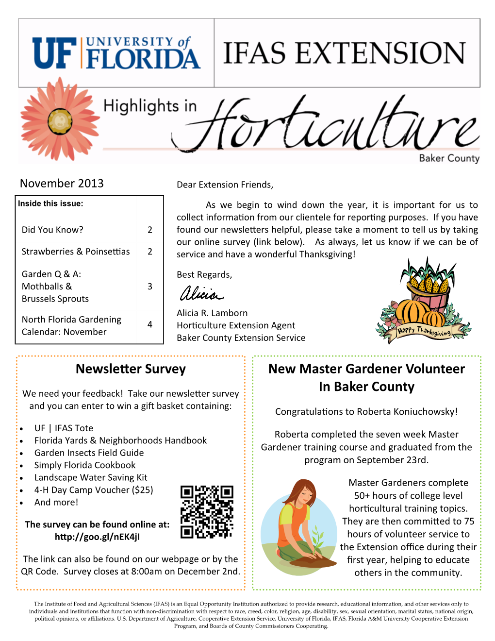 New Master Gardener Volunteer in Baker County Newsletter Survey