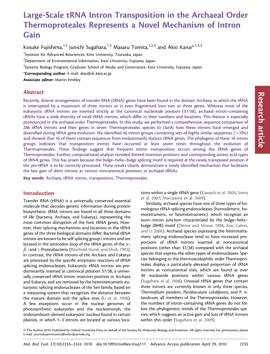 Large-Scale Trna Intron Transposition in The