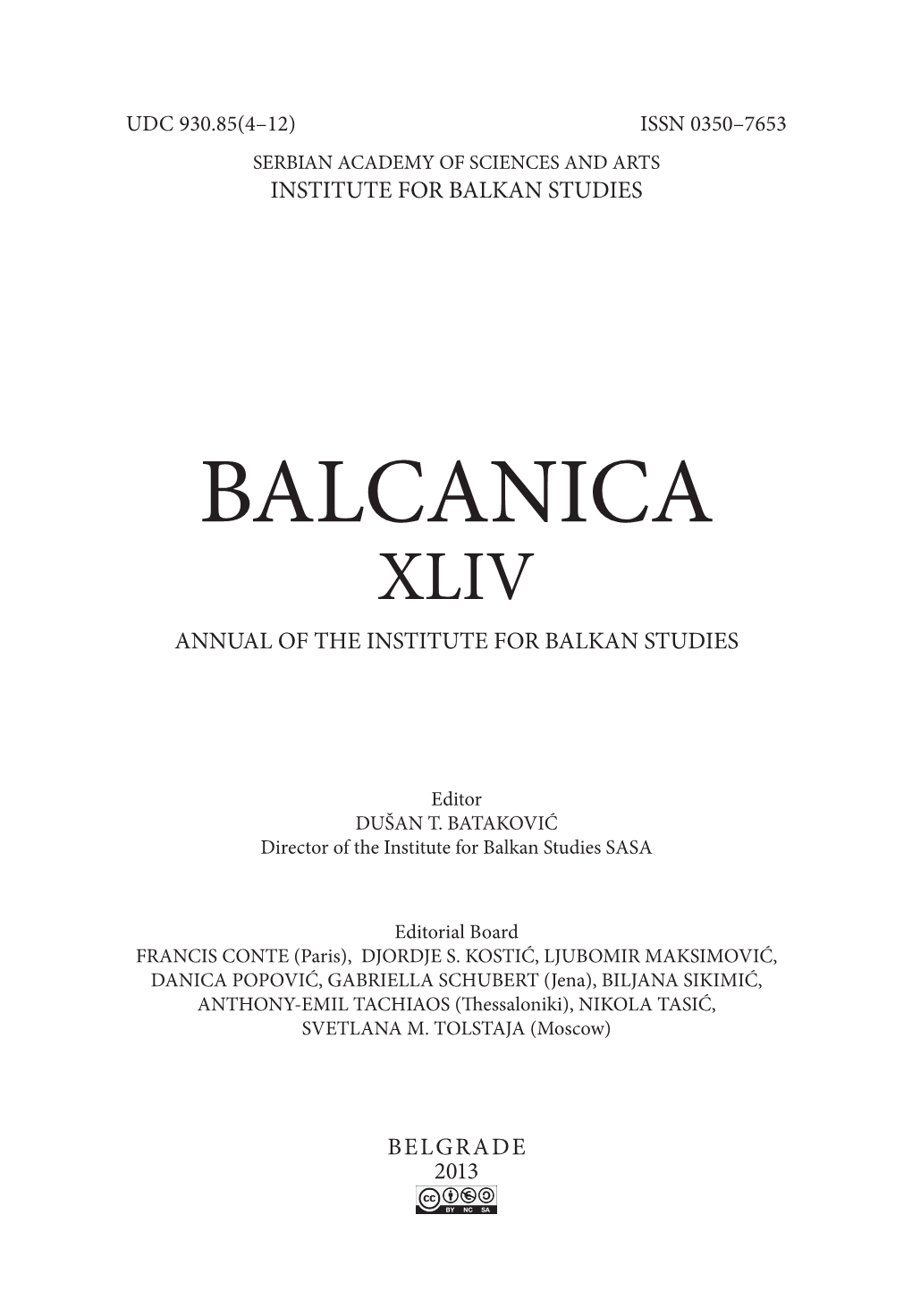 Balcanica Xliv Annual of the Institute for Balkan Studies
