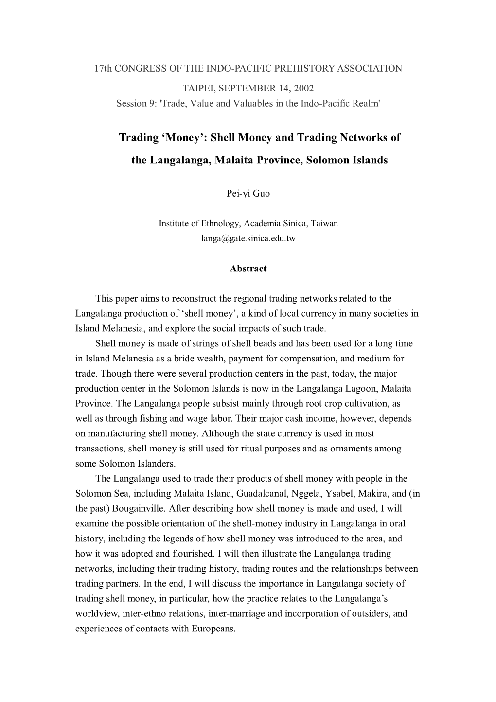 Shell Money and Trading Networks of the Langalanga, Malaita Province, Solomon Islands