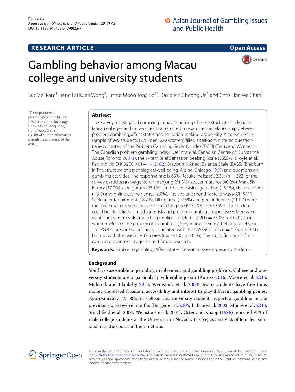 Gambling Behavior Among Macau College and University Students