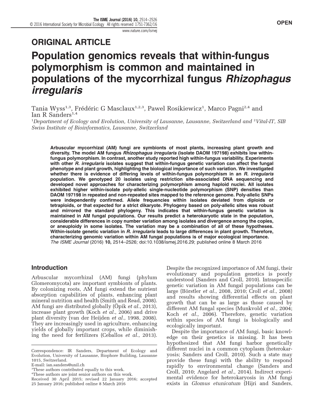 Population Genomics Reveals That Within-Fungus Polymorphism Is Common and Maintained in Populations of the Mycorrhizal Fungus Rhizophagus Irregularis