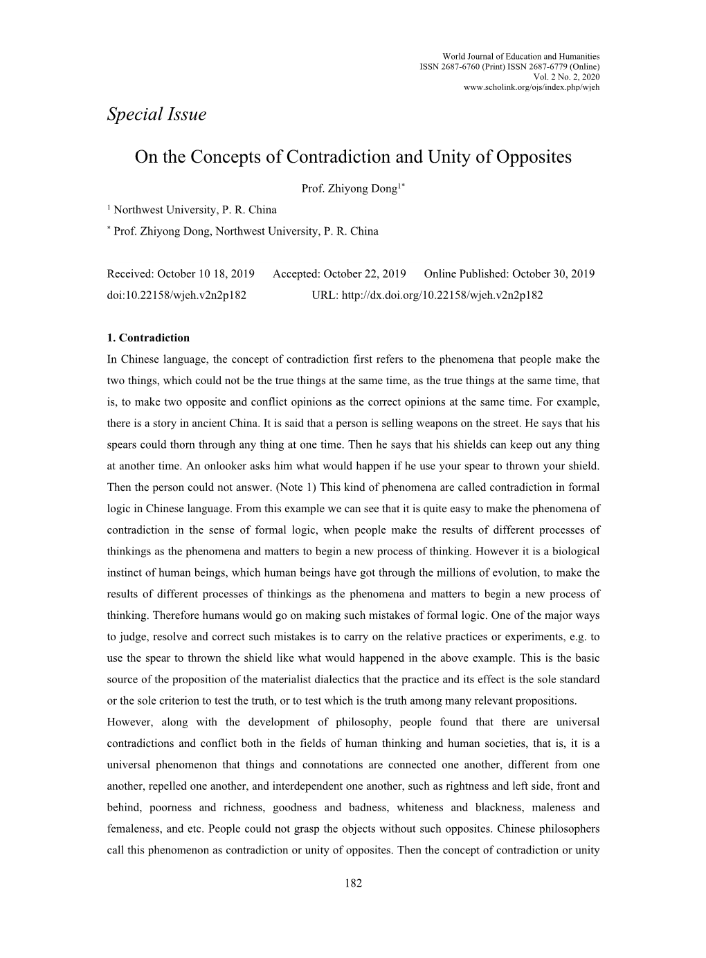 Special Issue on the Concepts of Contradiction and Unity of Opposites