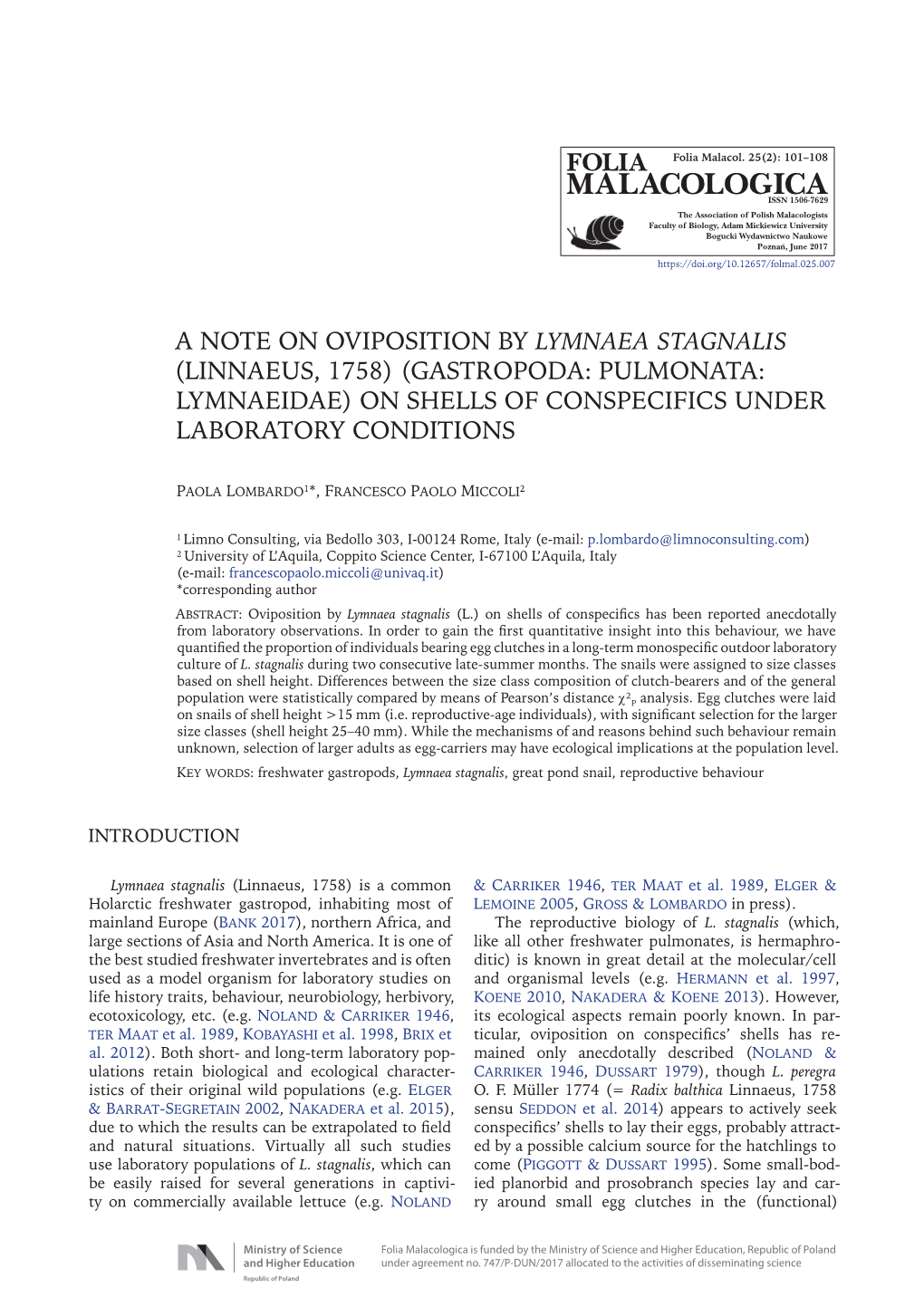 A Note on Oviposition by Lymnaea Stagnalis (Linnaeus, 1758) (Gastropoda: Pulmonata: Lymnaeidae) on Shells of Conspecifics Under Laboratory Conditions