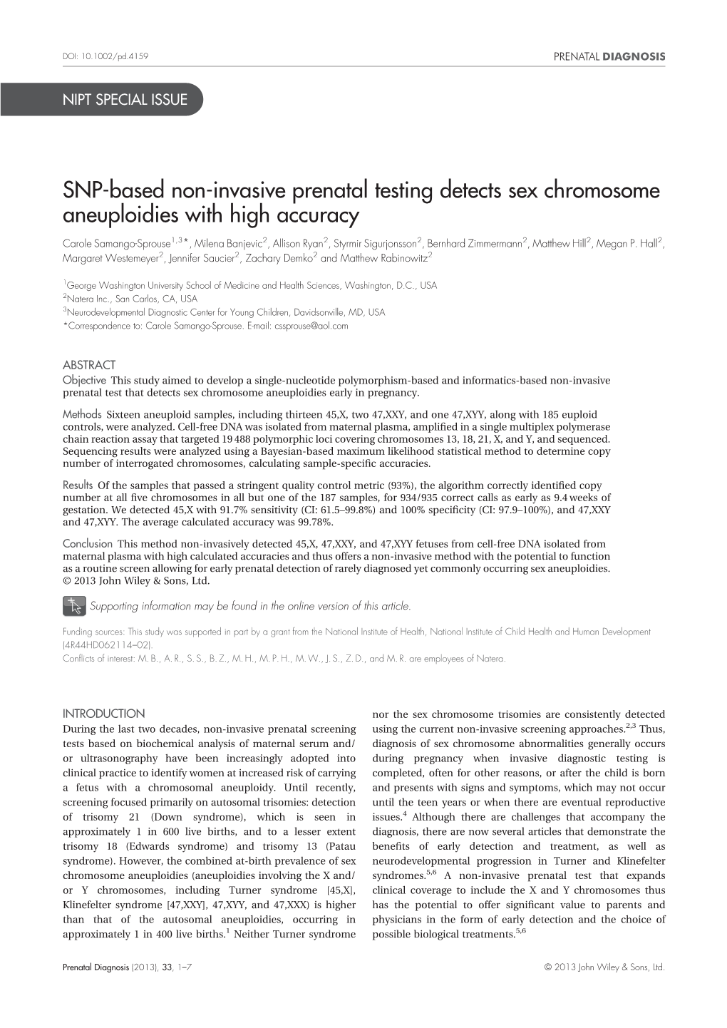 SNP-Based Non-Invasive Prenatal Testing Detects Sex Chromosome Aneuploidies with High Accuracy
