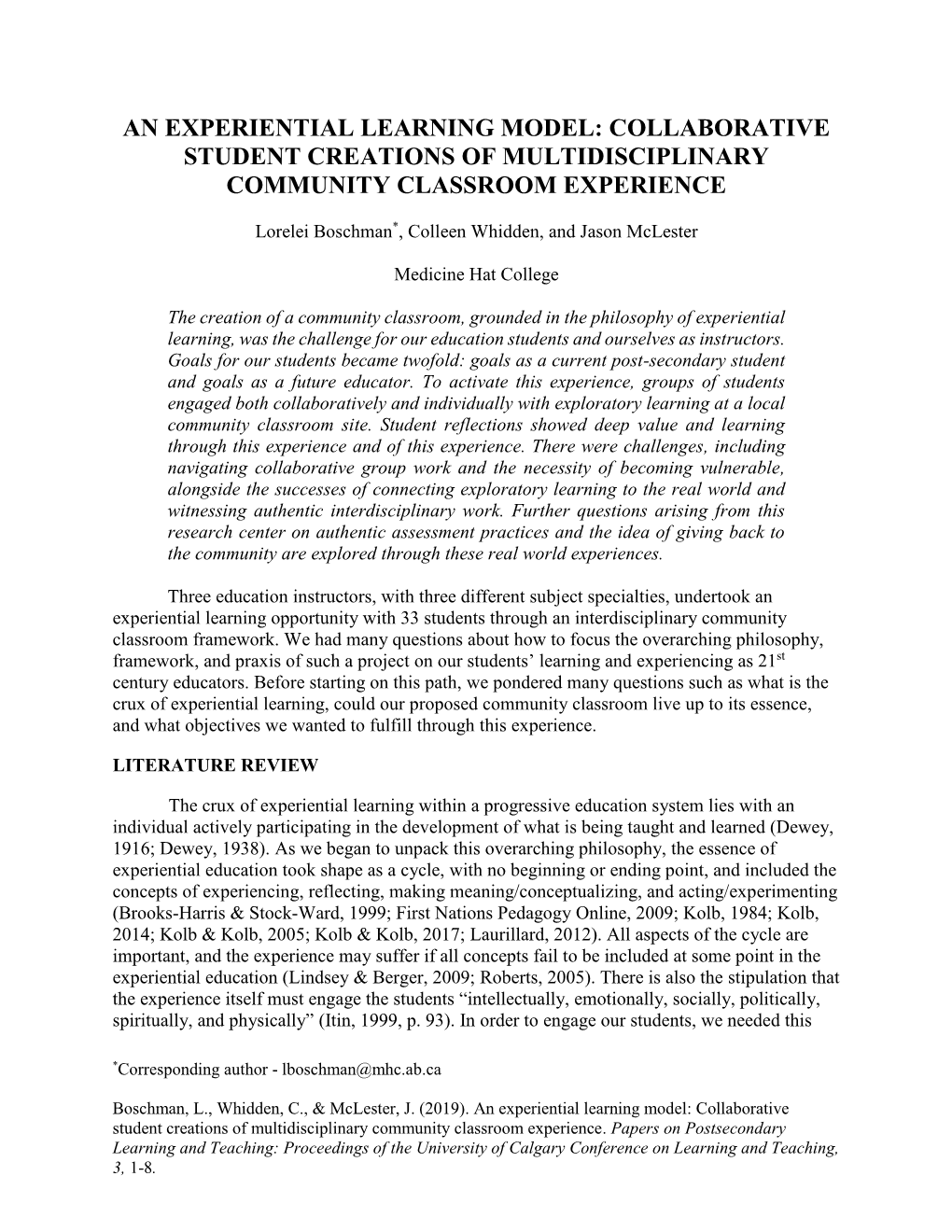 An Experiential Learning Model: Collaborative Student Creations of Multidisciplinary Community Classroom Experience