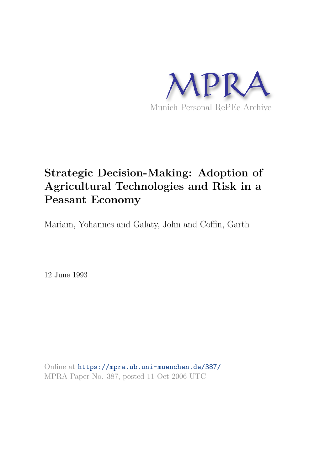 Adoption of Agricultural Technologies and Risk in a Peasant Economy