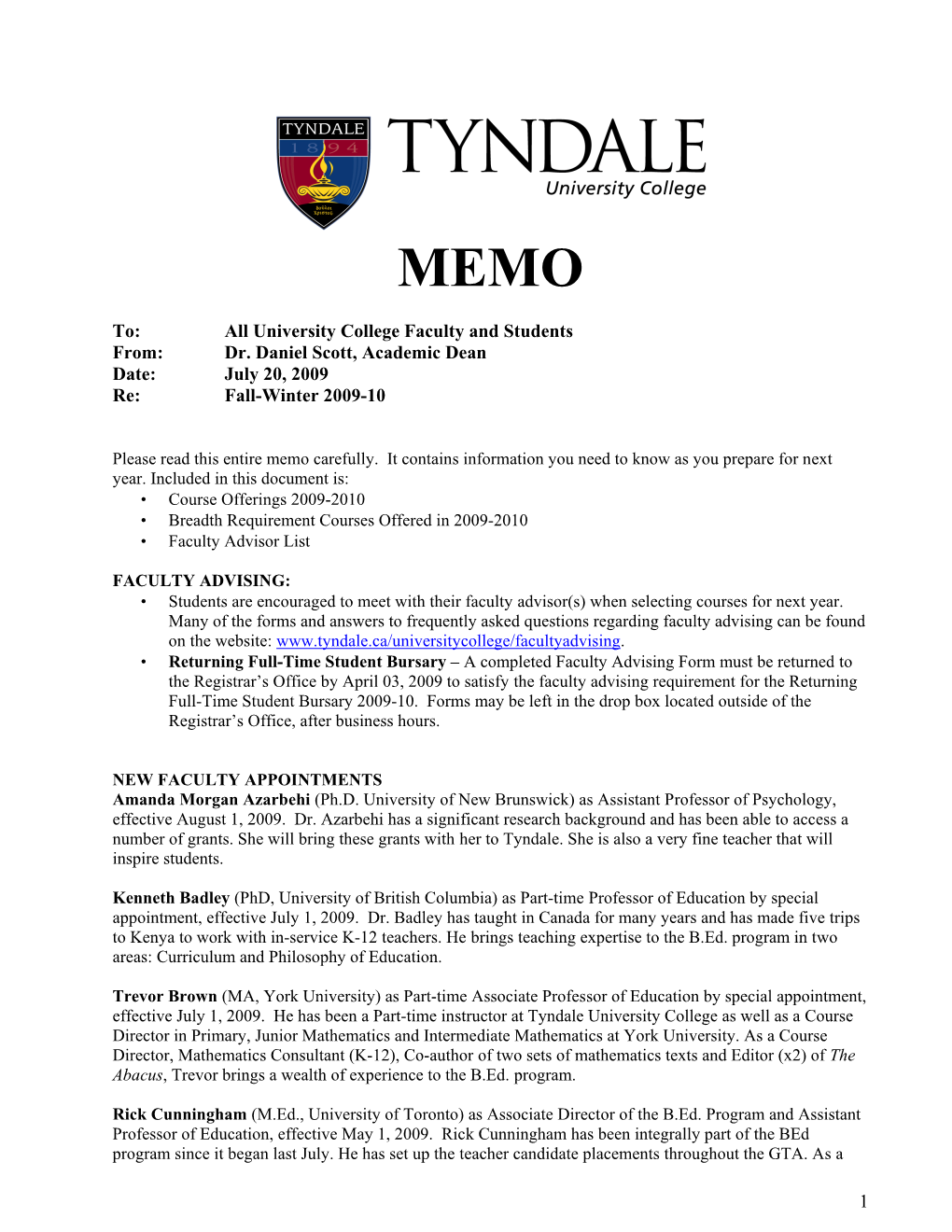 Deans Memo July 20, 2009