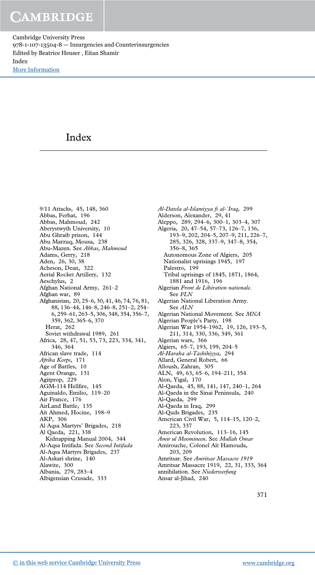 Cambridge University Press 978-1-107-13504-8 — Insurgencies and Counterinsurgencies Edited by Beatrice Heuser , Eitan Shamir Index More Information