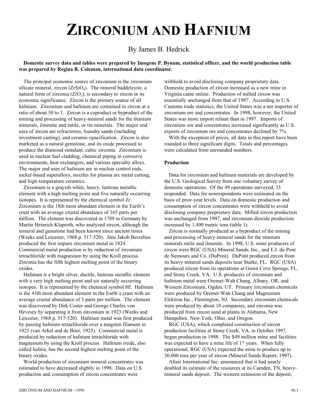 Zirconium and Hafnium in 1998