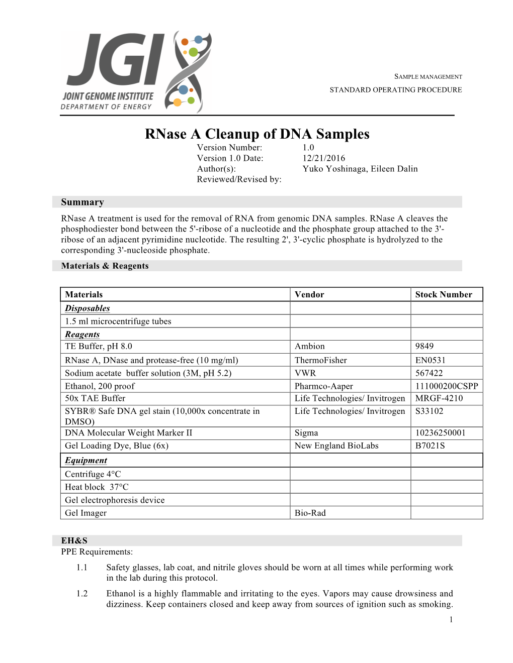 Rnase a Cleanup of DNA Samples Version Number: 1.0 Version 1.0 Date: 12/21/2016 Author(S): Yuko Yoshinaga, Eileen Dalin Reviewed/Revised By