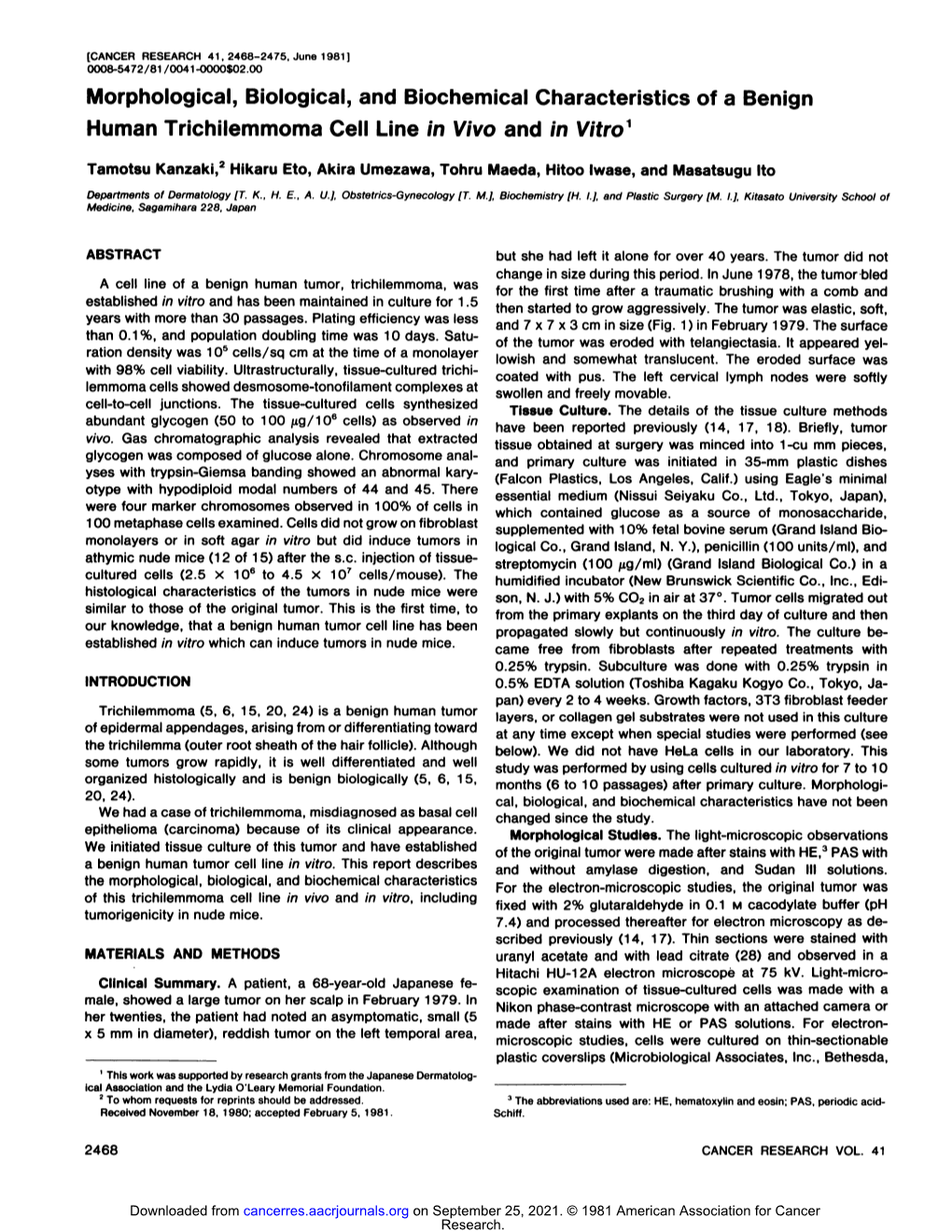 Morphological, Biological, and Biochemical Characteristics of a Benign Human Trichilemmoma Cell Line in Vivo and in Vitro'