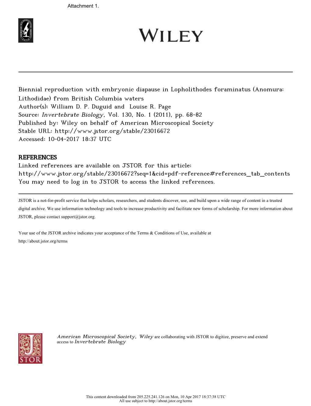 Biennial Reproduction with Embryonic Diapause in Lopholithodes Foraminatus (Anomura: Lithodidae) from British Columbia Waters Author(S): William D