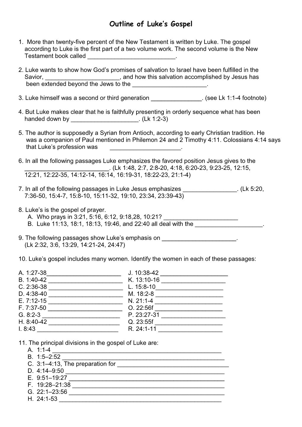 Outline of Luke S Gospel