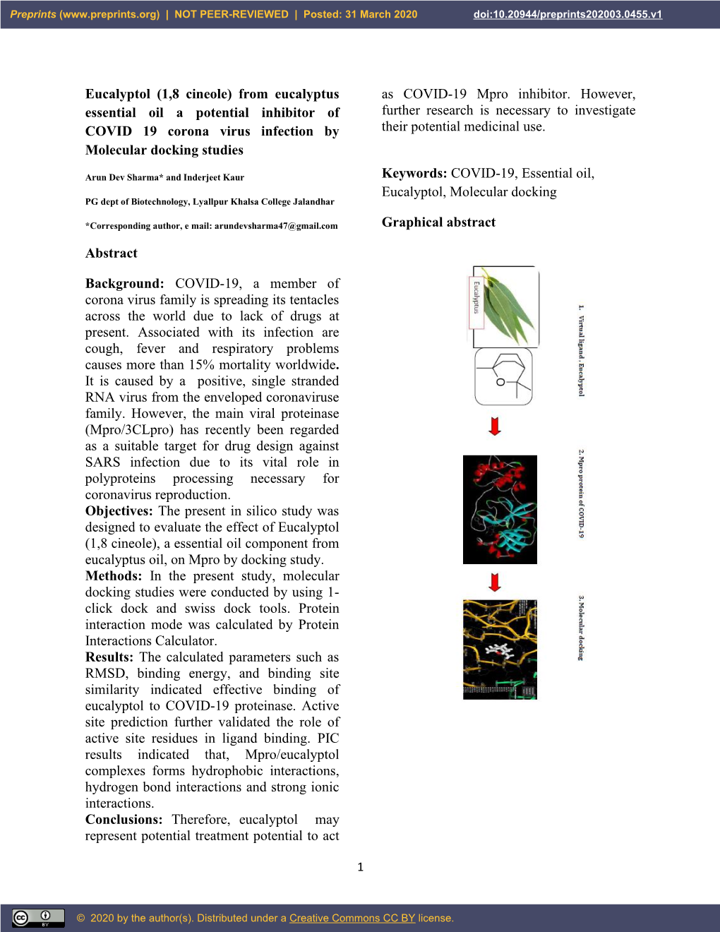 Eucalyptol (1,8 Cineole) from Eucalyptus As COVID-19 Mpro Inhibitor