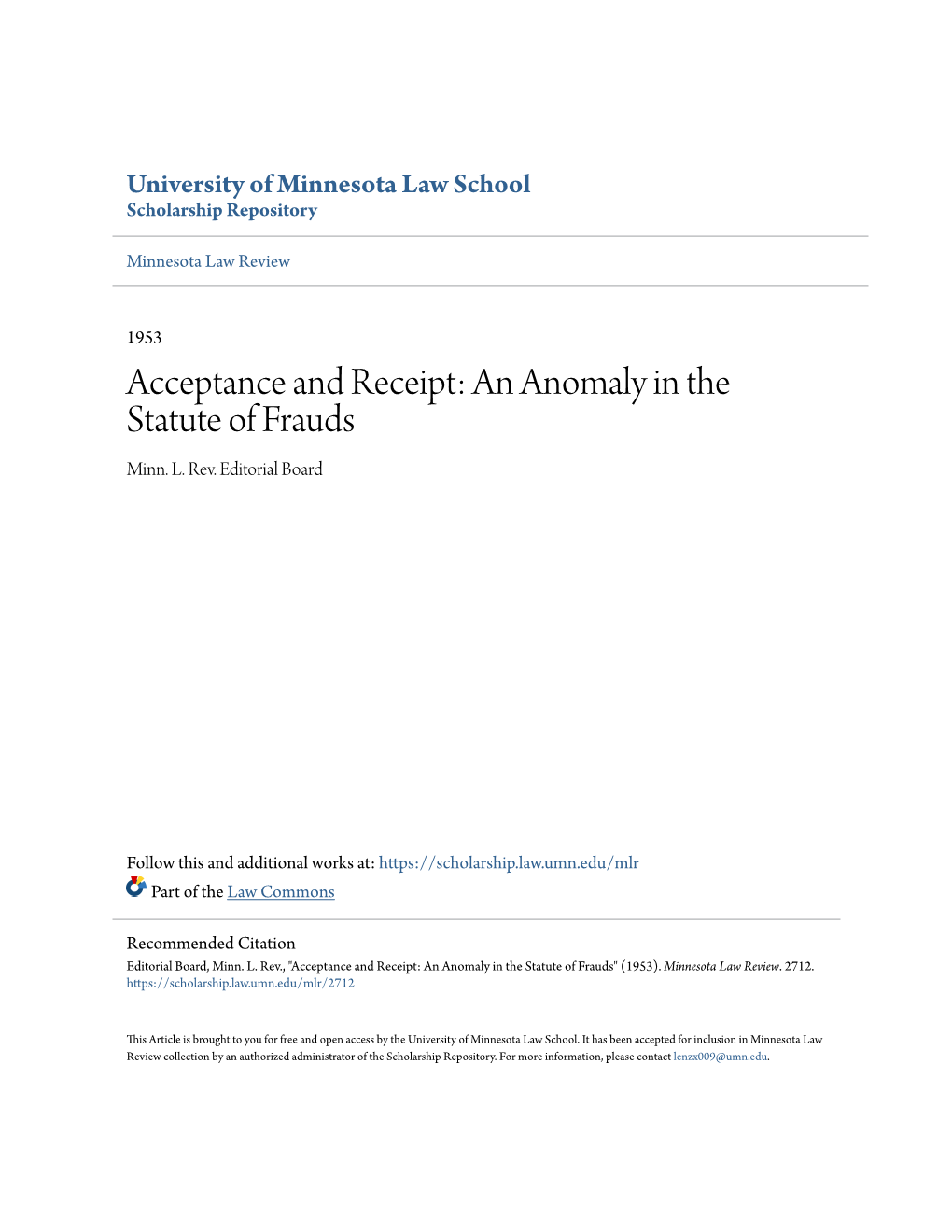Acceptance and Receipt: an Anomaly in the Statute of Frauds Minn