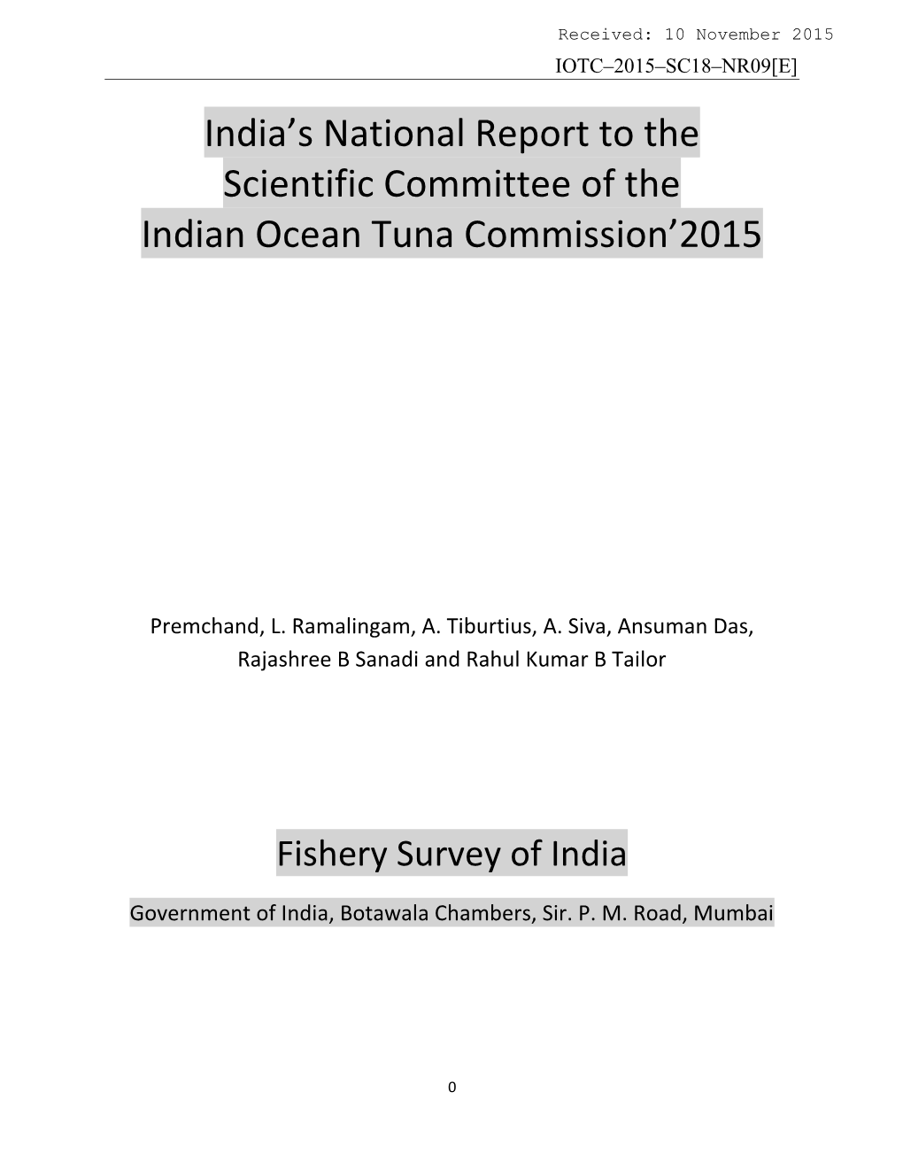 India's National Report to the Scientific Committee of the Indian Ocean