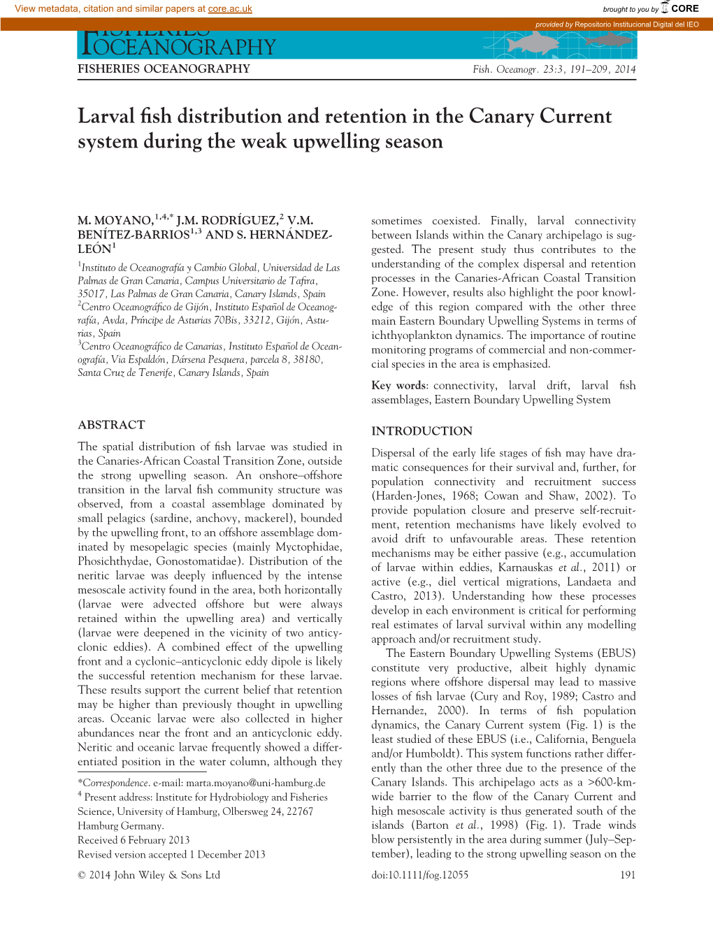 Larval Fish Distribution and Retention in the Canary Current System During